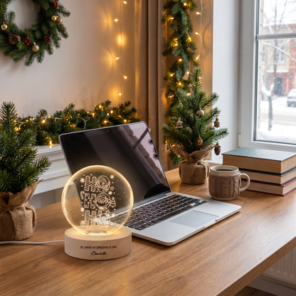 Custom Ho Ho Ho Santa Reindeer 3D Laser Engraved Crystal Ball with LED Wooden Standee, Personalized Name Holiday Night Light Keepsake