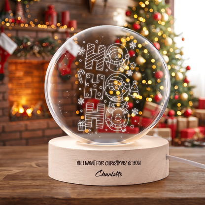 Custom Ho Ho Ho Santa Reindeer 3D Laser Engraved Crystal Ball with LED Wooden Standee, Personalized Name Holiday Night Light Keepsake