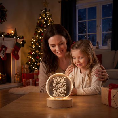 Custom Ho Ho Ho Santa Reindeer 3D Laser Engraved Crystal Ball with LED Wooden Standee, Personalized Name Holiday Night Light Keepsake