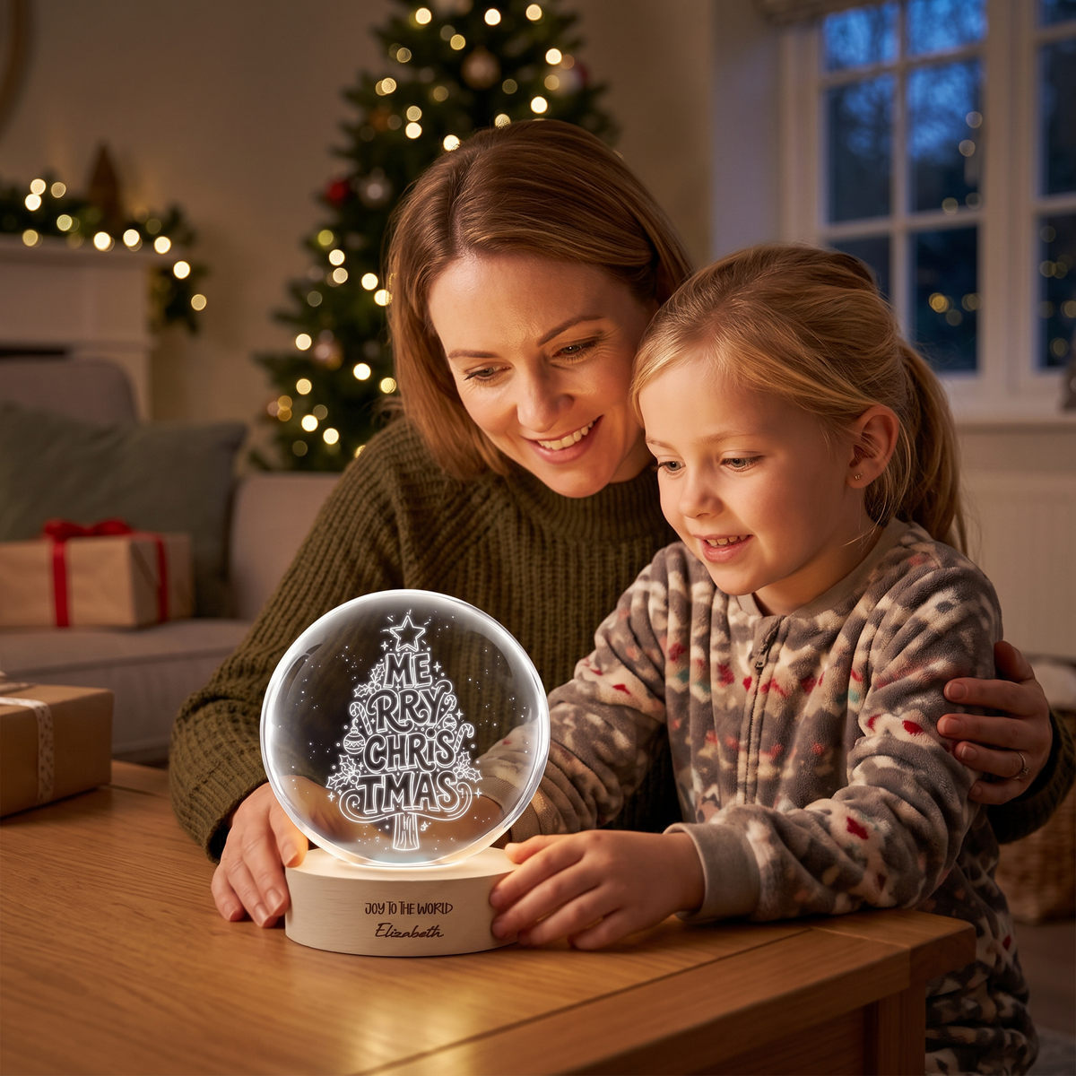 Custom Merry Christmas Typography Tree 3D Laser Engraved Crystal Ball with LED Wooden Standee, Personalized Name Holiday Night Light Keepsake