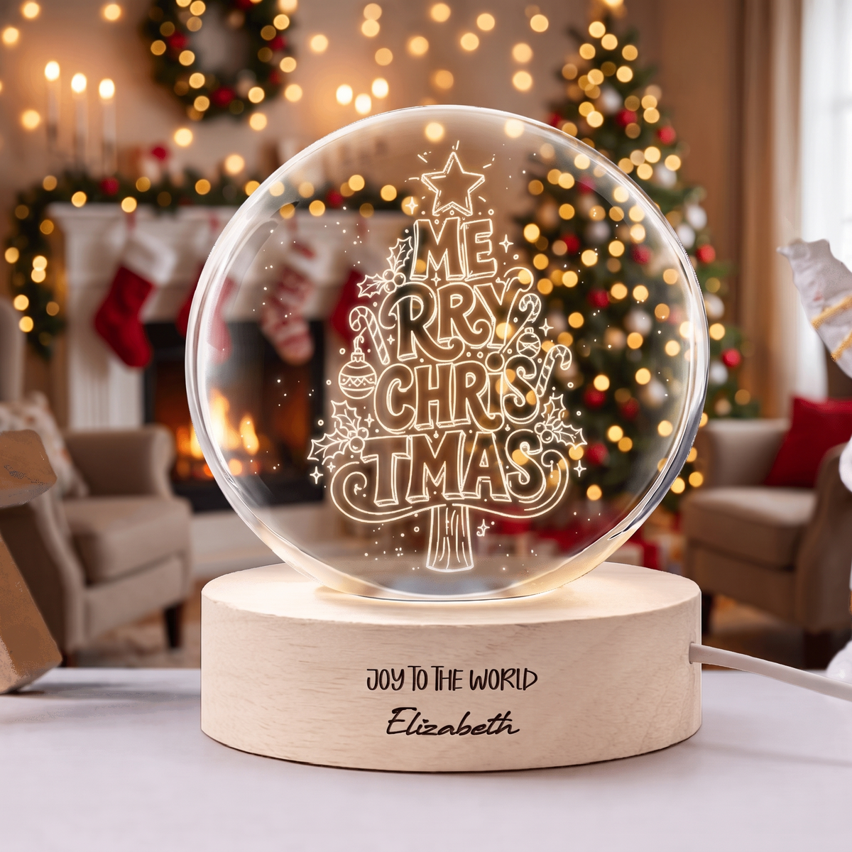 Custom Merry Christmas Typography Tree 3D Laser Engraved Crystal Ball with LED Wooden Standee, Personalized Name Holiday Night Light Keepsake