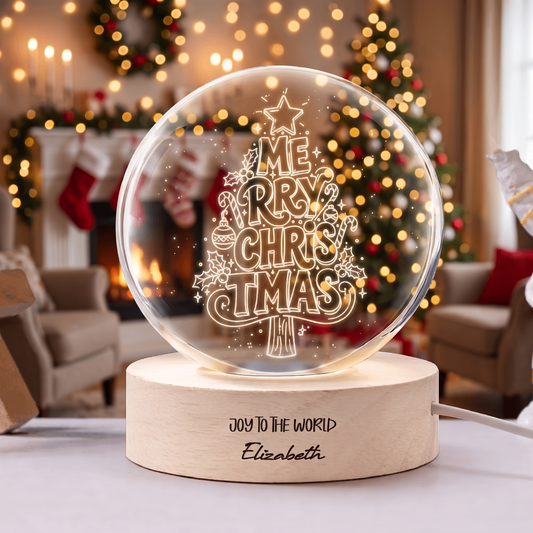 Custom Merry Christmas Typography Tree 3D Laser Engraved Crystal Ball with LED Wooden Standee, Personalized Name Holiday Night Light Keepsake