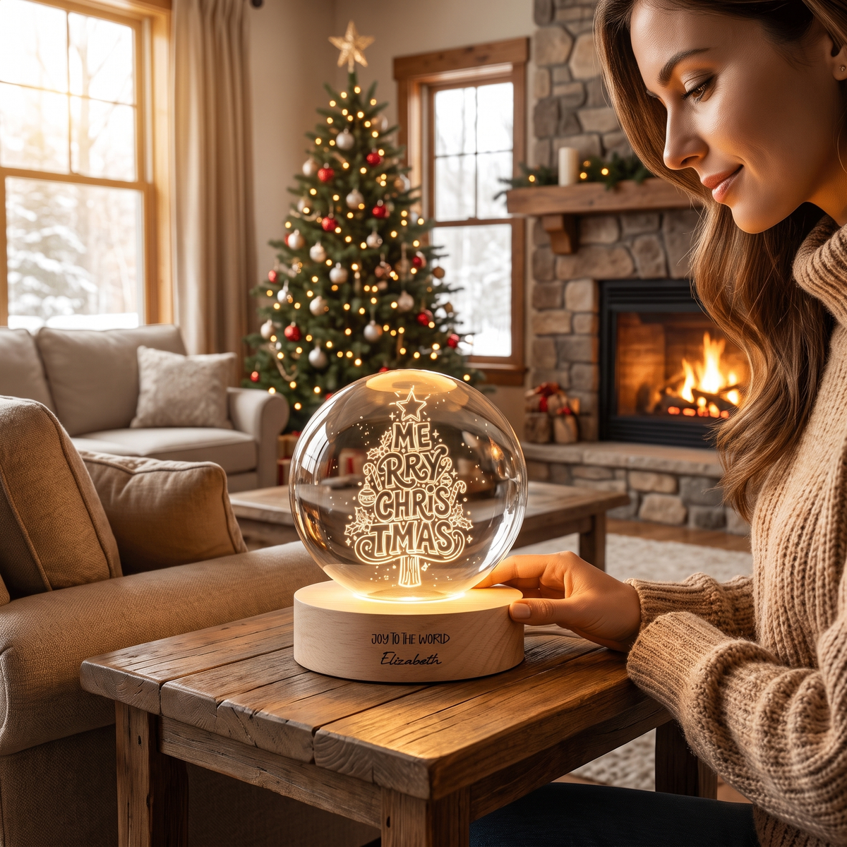Custom Merry Christmas Typography Tree 3D Laser Engraved Crystal Ball with LED Wooden Standee, Personalized Name Holiday Night Light Keepsake