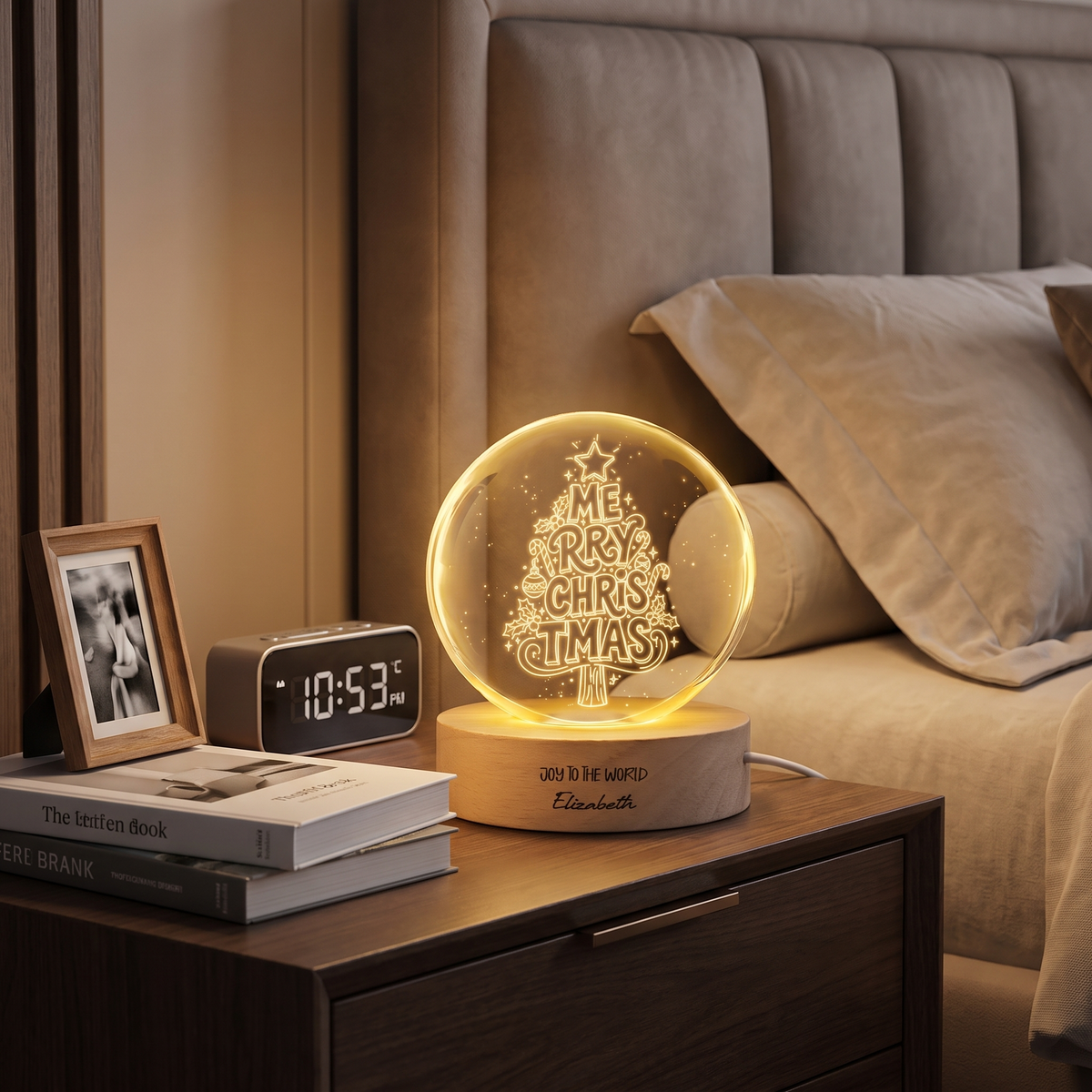Custom Merry Christmas Typography Tree 3D Laser Engraved Crystal Ball with LED Wooden Standee, Personalized Name Holiday Night Light Keepsake