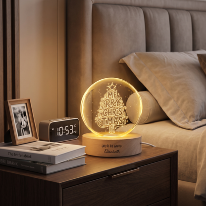 Custom Merry Christmas Typography Tree 3D Laser Engraved Crystal Ball with LED Wooden Standee, Personalized Name Holiday Night Light Keepsake