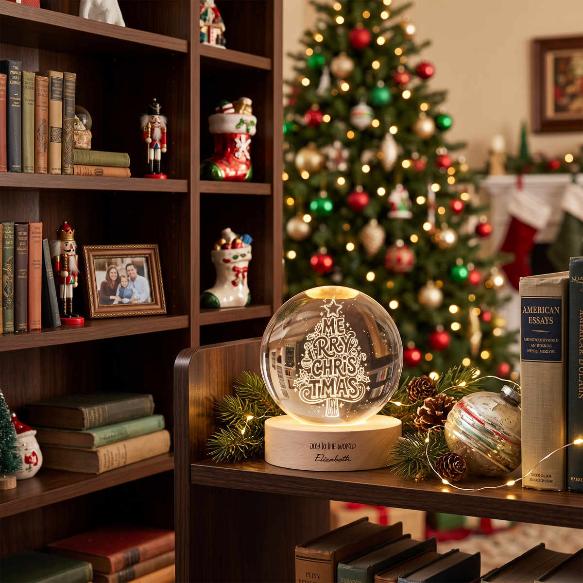 Custom Merry Christmas Typography Tree 3D Laser Engraved Crystal Ball with LED Wooden Standee, Personalized Name Holiday Night Light Keepsake