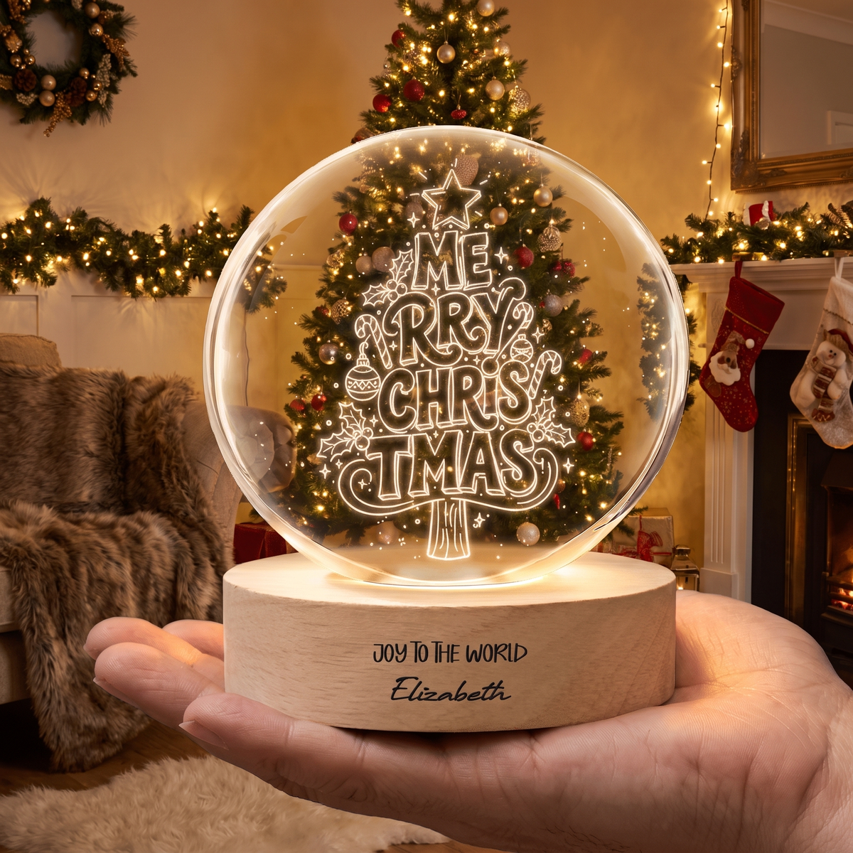 Custom Merry Christmas Typography Tree 3D Laser Engraved Crystal Ball with LED Wooden Standee, Personalized Name Holiday Night Light Keepsake