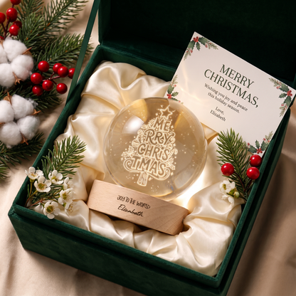 Custom Merry Christmas Typography Tree 3D Laser Engraved Crystal Ball with LED Wooden Standee, Personalized Name Holiday Night Light Keepsake