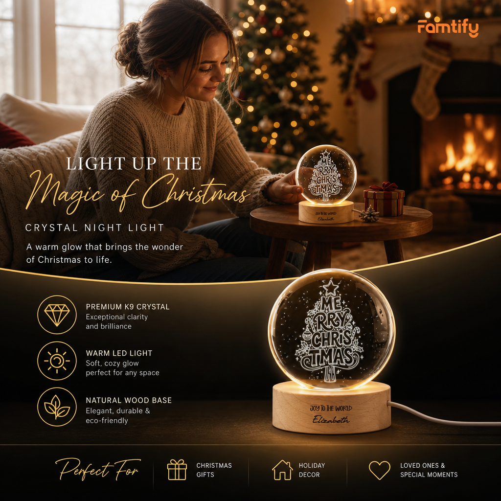 Custom Merry Christmas Typography Tree 3D Laser Engraved Crystal Ball with LED Wooden Standee, Personalized Name Holiday Night Light Keepsake