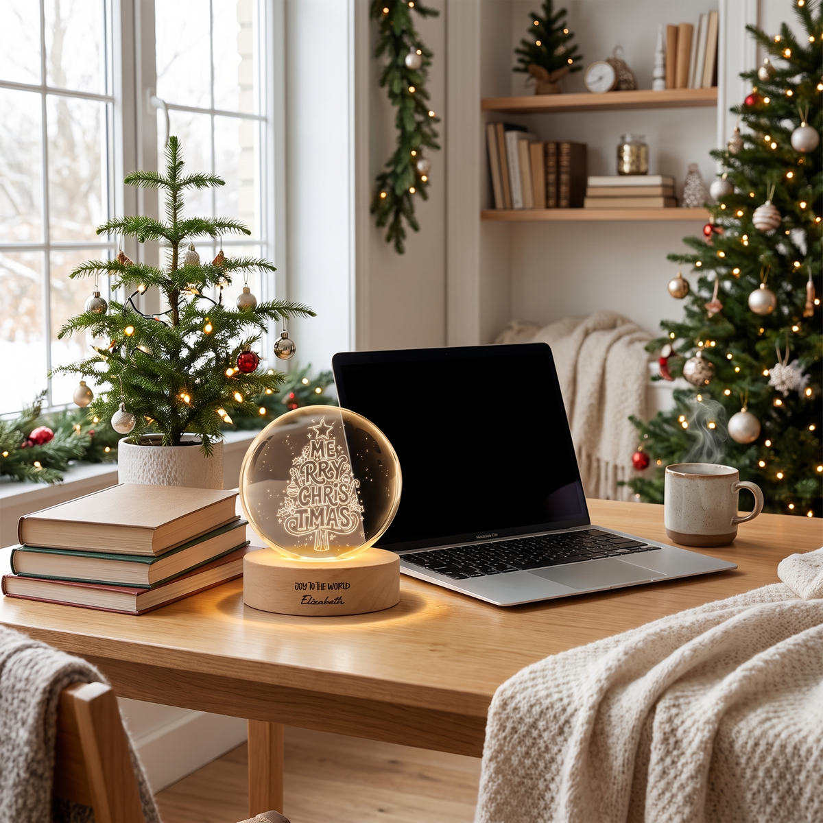 Custom Merry Christmas Typography Tree 3D Laser Engraved Crystal Ball with LED Wooden Standee, Personalized Name Holiday Night Light Keepsake