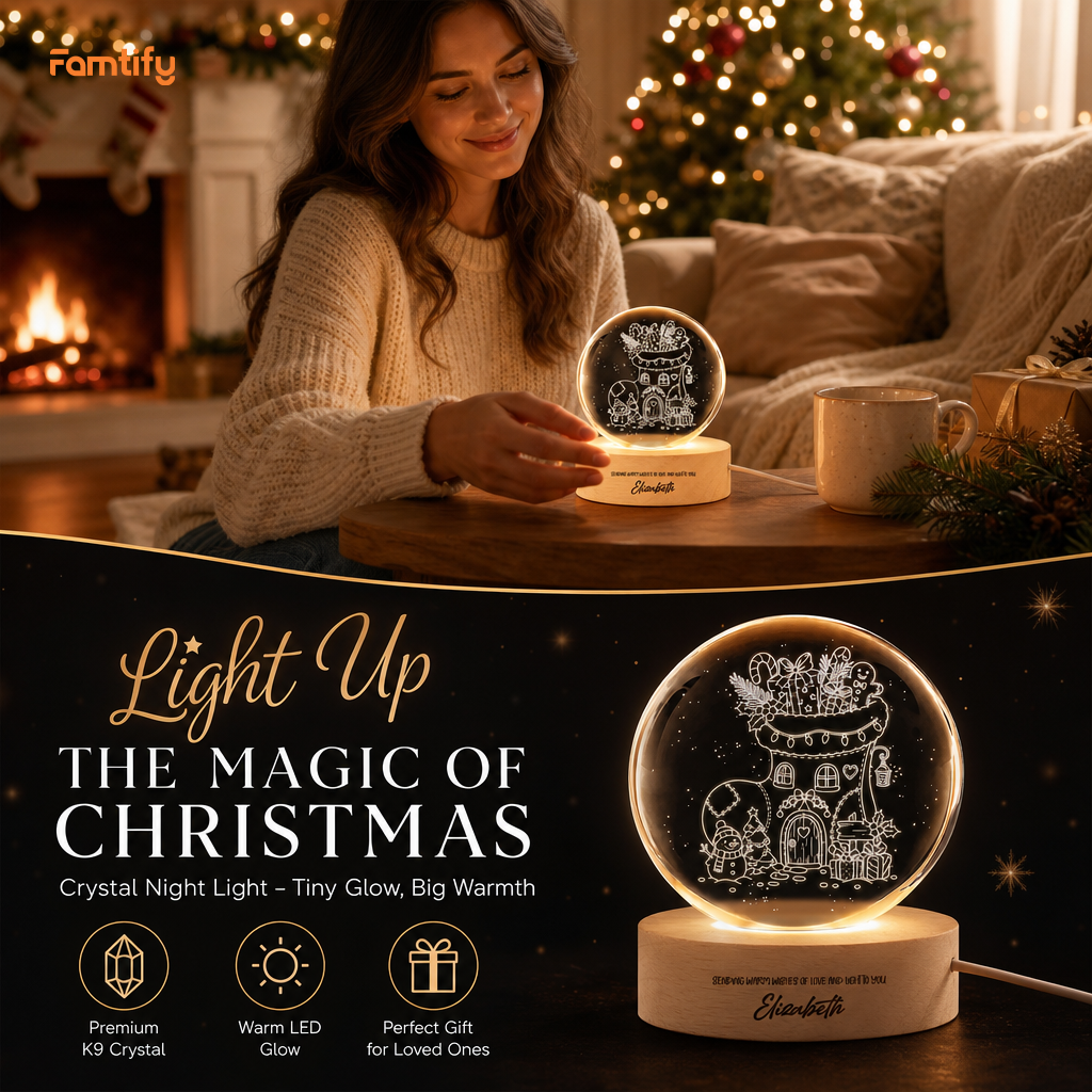 Custom Christmas Stocking House 3D Laser Engraved Crystal Ball with LED Wooden Standee, Personalized Name Holiday Night Light Keepsake
