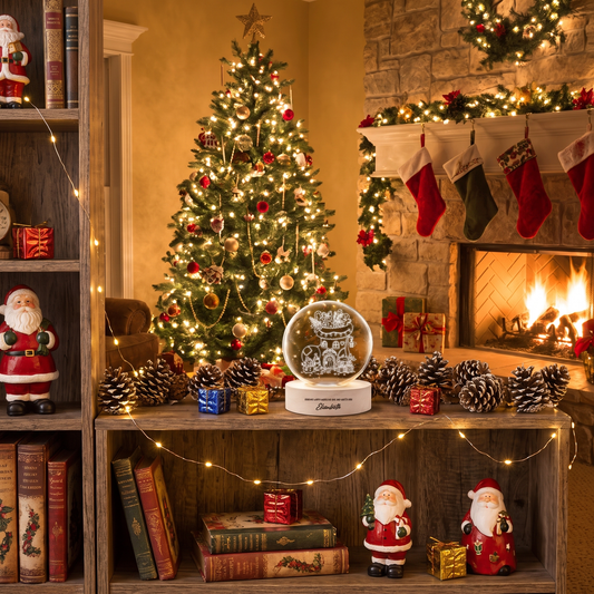 Custom Christmas Stocking House 3D Laser Engraved Crystal Ball with LED Wooden Standee, Personalized Name Holiday Night Light Keepsake