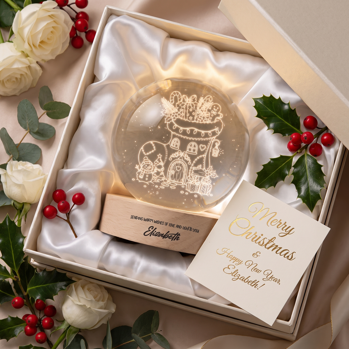 Custom Christmas Stocking House 3D Laser Engraved Crystal Ball with LED Wooden Standee, Personalized Name Holiday Night Light Keepsake