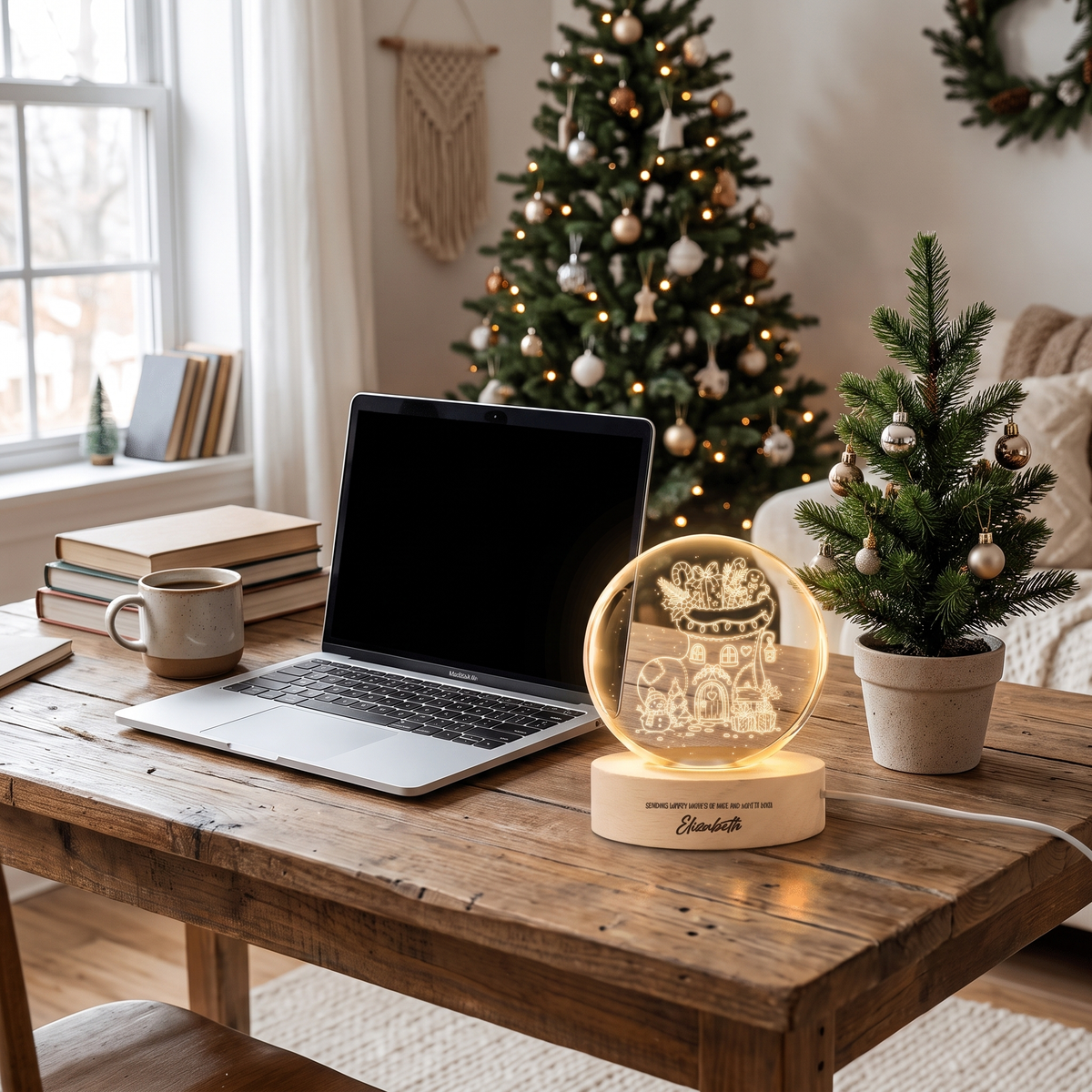 Custom Christmas Stocking House 3D Laser Engraved Crystal Ball with LED Wooden Standee, Personalized Name Holiday Night Light Keepsake
