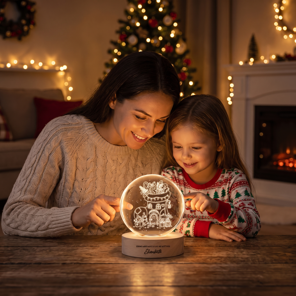 Custom Christmas Stocking House 3D Laser Engraved Crystal Ball with LED Wooden Standee, Personalized Name Holiday Night Light Keepsake