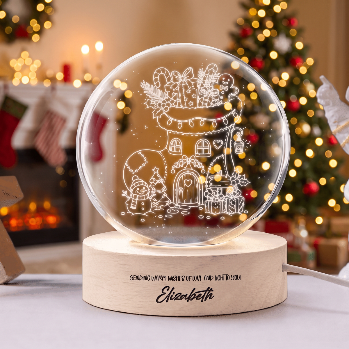 Custom Christmas Stocking House 3D Laser Engraved Crystal Ball with LED Wooden Standee, Personalized Name Holiday Night Light Keepsake