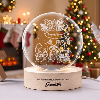 Custom Christmas Stocking House 3D Laser Engraved Crystal Ball with LED Wooden Standee, Personalized Name Holiday Night Light Keepsake