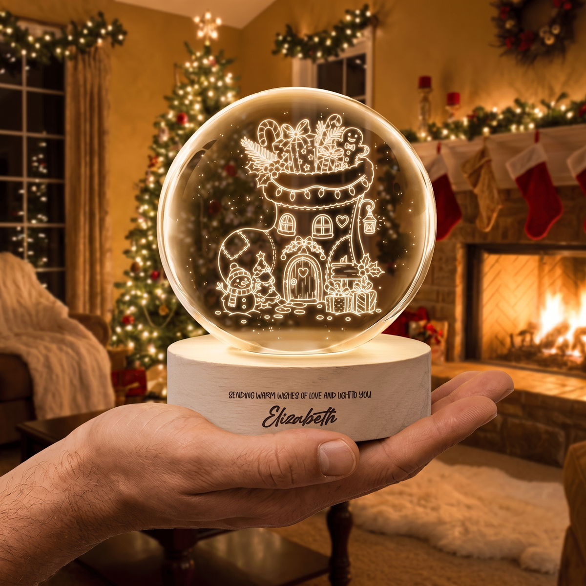Custom Christmas Stocking House 3D Laser Engraved Crystal Ball with LED Wooden Standee, Personalized Name Holiday Night Light Keepsake