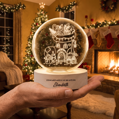 Custom Christmas Stocking House 3D Laser Engraved Crystal Ball with LED Wooden Standee, Personalized Name Holiday Night Light Keepsake