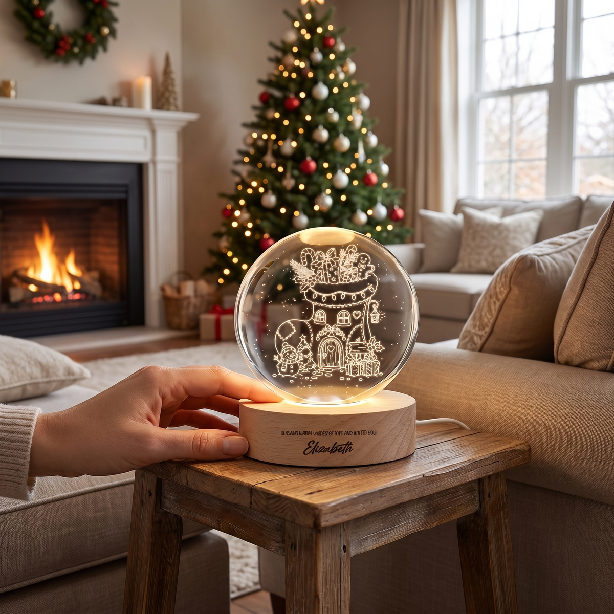 Custom Christmas Stocking House 3D Laser Engraved Crystal Ball with LED Wooden Standee, Personalized Name Holiday Night Light Keepsake