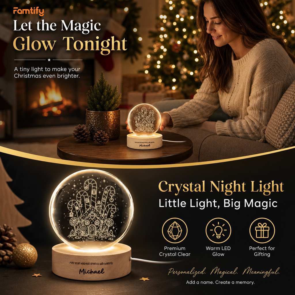 Custom Gingerbread House Candy Land 3D Laser Engraved Crystal Ball with LED Wooden Standee, Personalized Name Holiday Night Light Keepsake