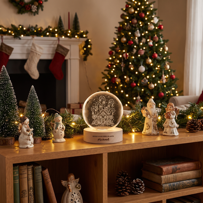 Custom Gingerbread House Candy Land 3D Laser Engraved Crystal Ball with LED Wooden Standee, Personalized Name Holiday Night Light Keepsake