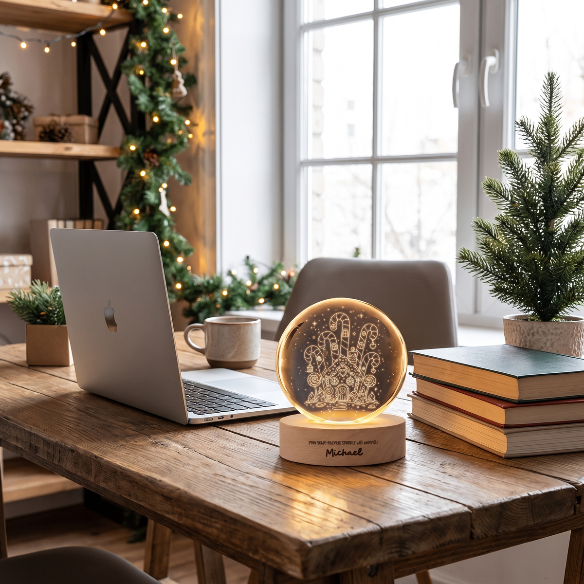 Custom Gingerbread House Candy Land 3D Laser Engraved Crystal Ball with LED Wooden Standee, Personalized Name Holiday Night Light Keepsake