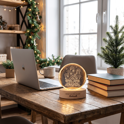 Custom Gingerbread House Candy Land 3D Laser Engraved Crystal Ball with LED Wooden Standee, Personalized Name Holiday Night Light Keepsake