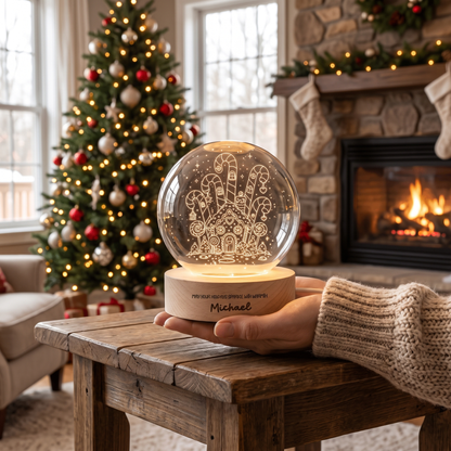 Custom Gingerbread House Candy Land 3D Laser Engraved Crystal Ball with LED Wooden Standee, Personalized Name Holiday Night Light Keepsake