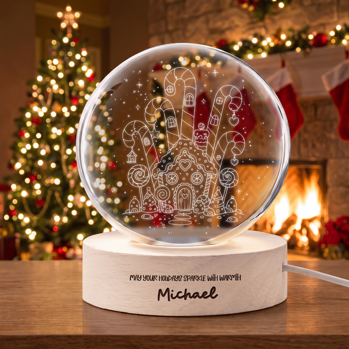 Custom Gingerbread House Candy Land 3D Laser Engraved Crystal Ball with LED Wooden Standee, Personalized Name Holiday Night Light Keepsake
