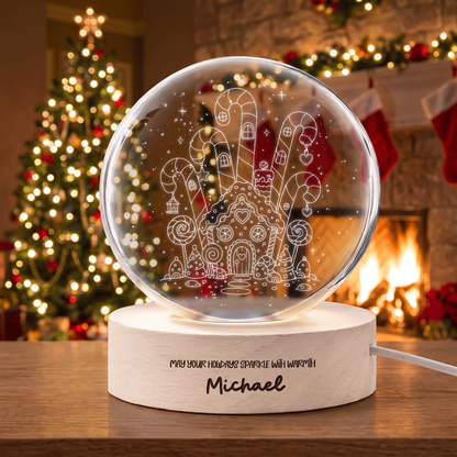 Custom Gingerbread House Candy Land 3D Laser Engraved Crystal Ball with LED Wooden Standee, Personalized Name Holiday Night Light Keepsake
