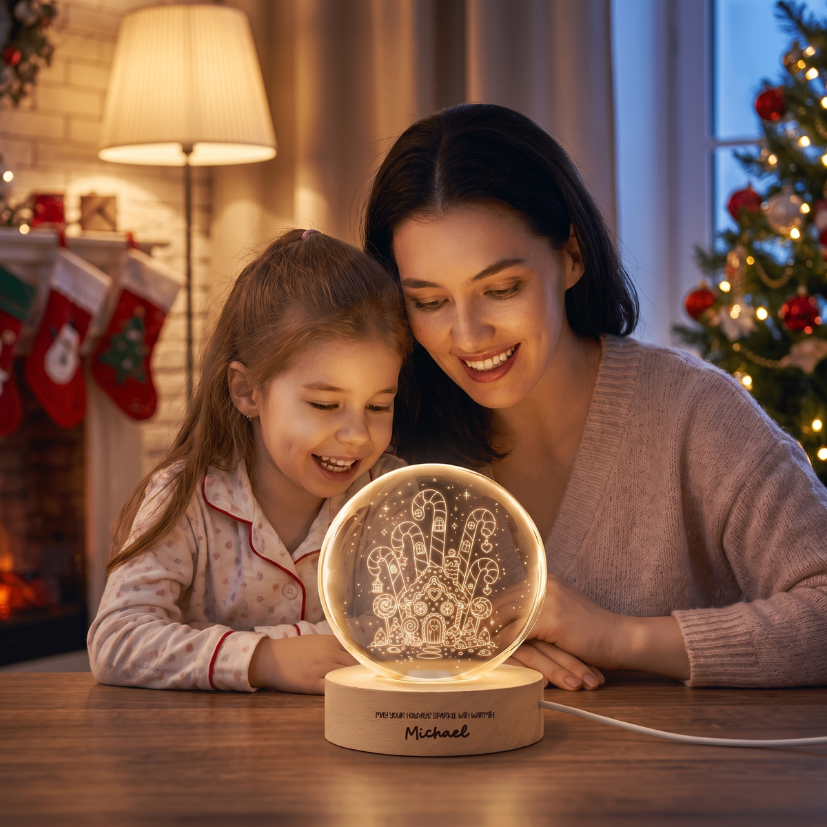 Custom Gingerbread House Candy Land 3D Laser Engraved Crystal Ball with LED Wooden Standee, Personalized Name Holiday Night Light Keepsake