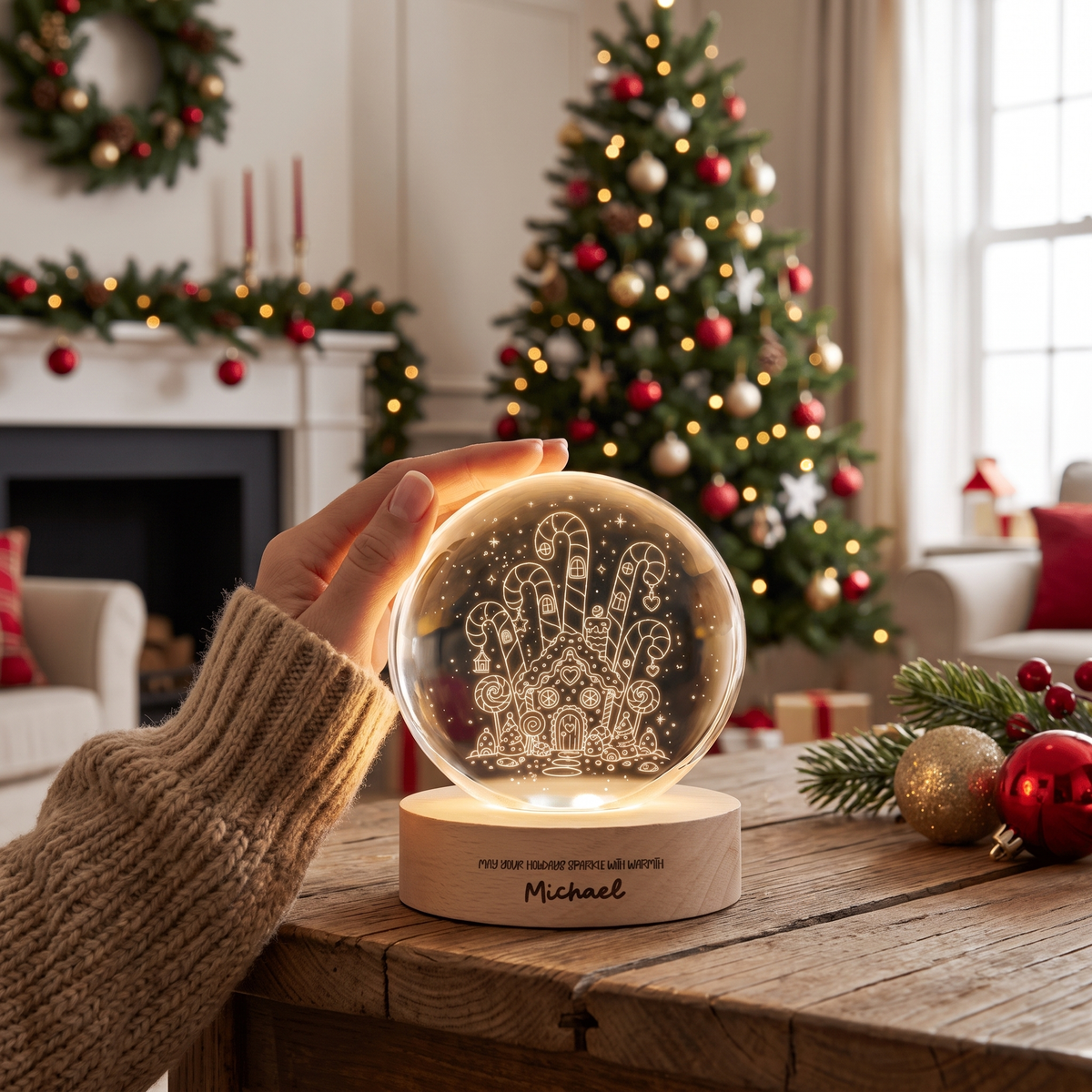 Custom Gingerbread House Candy Land 3D Laser Engraved Crystal Ball with LED Wooden Standee, Personalized Name Holiday Night Light Keepsake