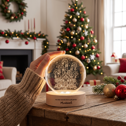Custom Gingerbread House Candy Land 3D Laser Engraved Crystal Ball with LED Wooden Standee, Personalized Name Holiday Night Light Keepsake