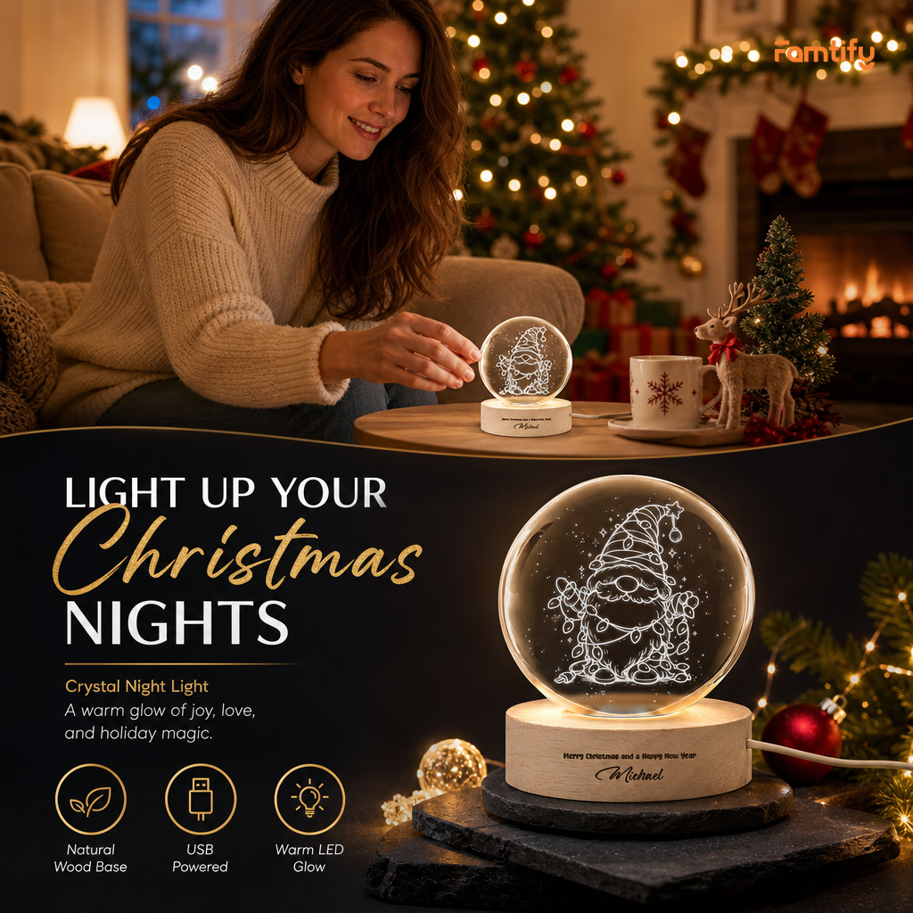 Custom Christmas Gnome Fairy Lights 3D Laser Engraved Crystal Ball with LED Wooden Standee, Personalized Name Holiday Night Light Keepsake