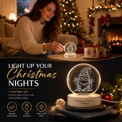 Custom Christmas Gnome Fairy Lights 3D Laser Engraved Crystal Ball with LED Wooden Standee, Personalized Name Holiday Night Light Keepsake