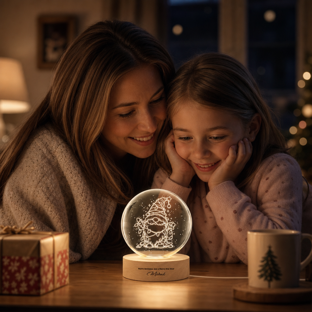 Custom Christmas Gnome Fairy Lights 3D Laser Engraved Crystal Ball with LED Wooden Standee, Personalized Name Holiday Night Light Keepsake