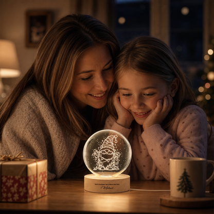 Custom Christmas Gnome Fairy Lights 3D Laser Engraved Crystal Ball with LED Wooden Standee, Personalized Name Holiday Night Light Keepsake