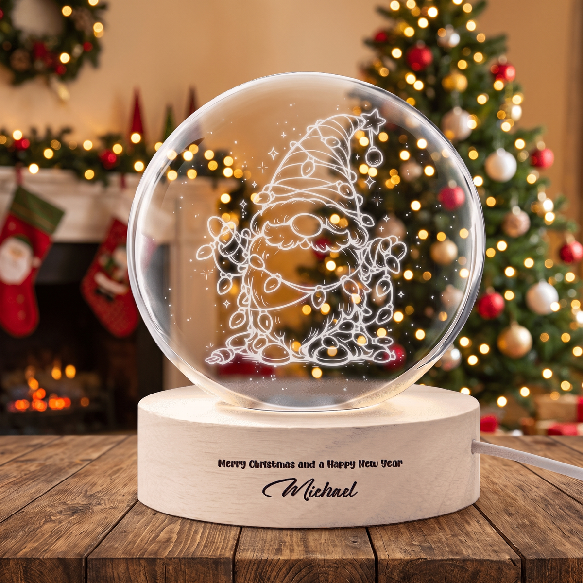 Custom Christmas Gnome Fairy Lights 3D Laser Engraved Crystal Ball with LED Wooden Standee, Personalized Name Holiday Night Light Keepsake