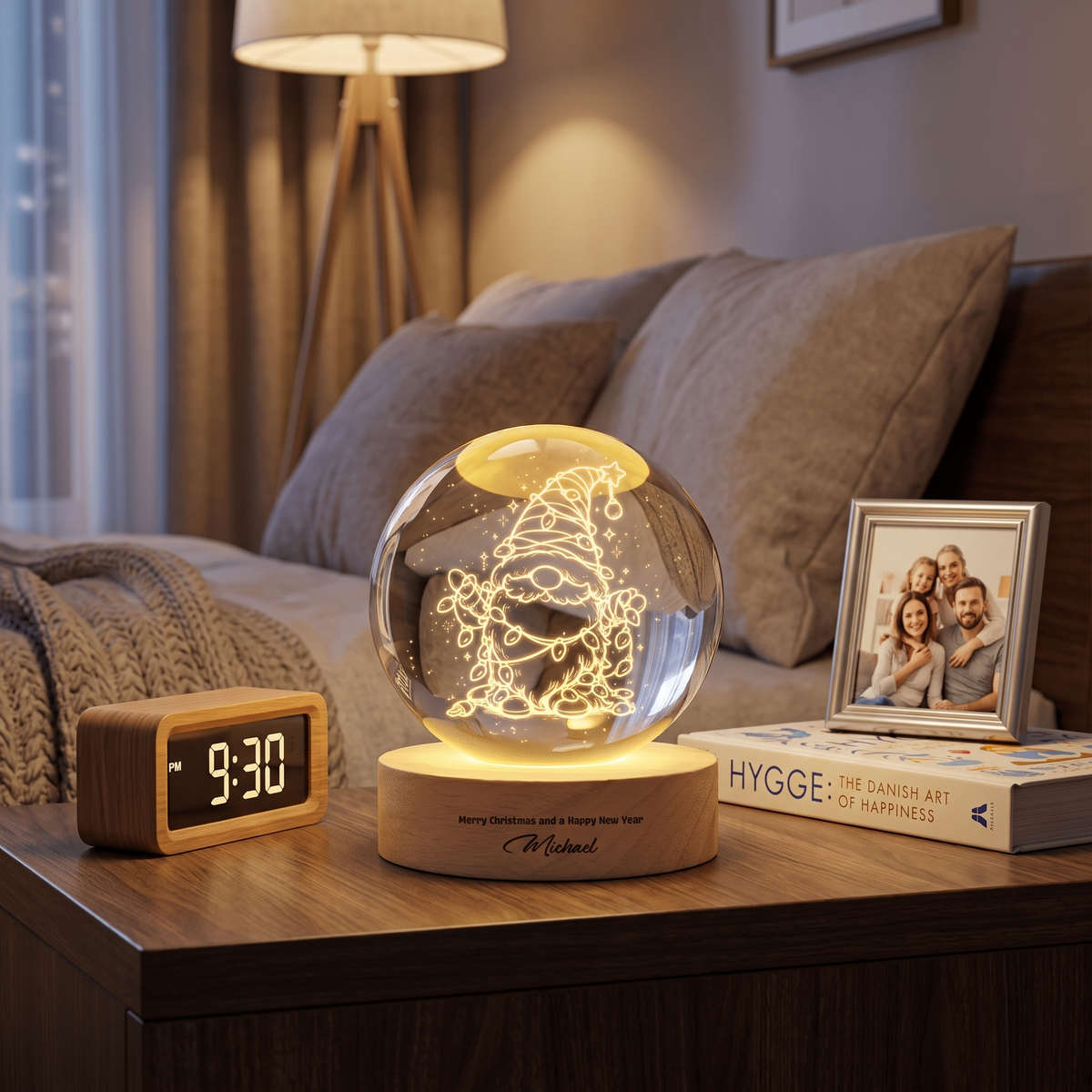Custom Christmas Gnome Fairy Lights 3D Laser Engraved Crystal Ball with LED Wooden Standee, Personalized Name Holiday Night Light Keepsake