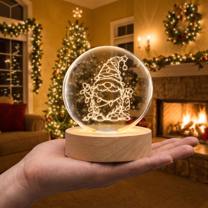 Custom Christmas Gnome Fairy Lights 3D Laser Engraved Crystal Ball with LED Wooden Standee, Personalized Name Holiday Night Light Keepsake