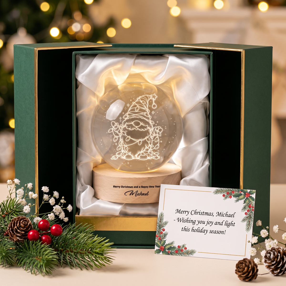 Custom Christmas Gnome Fairy Lights 3D Laser Engraved Crystal Ball with LED Wooden Standee, Personalized Name Holiday Night Light Keepsake