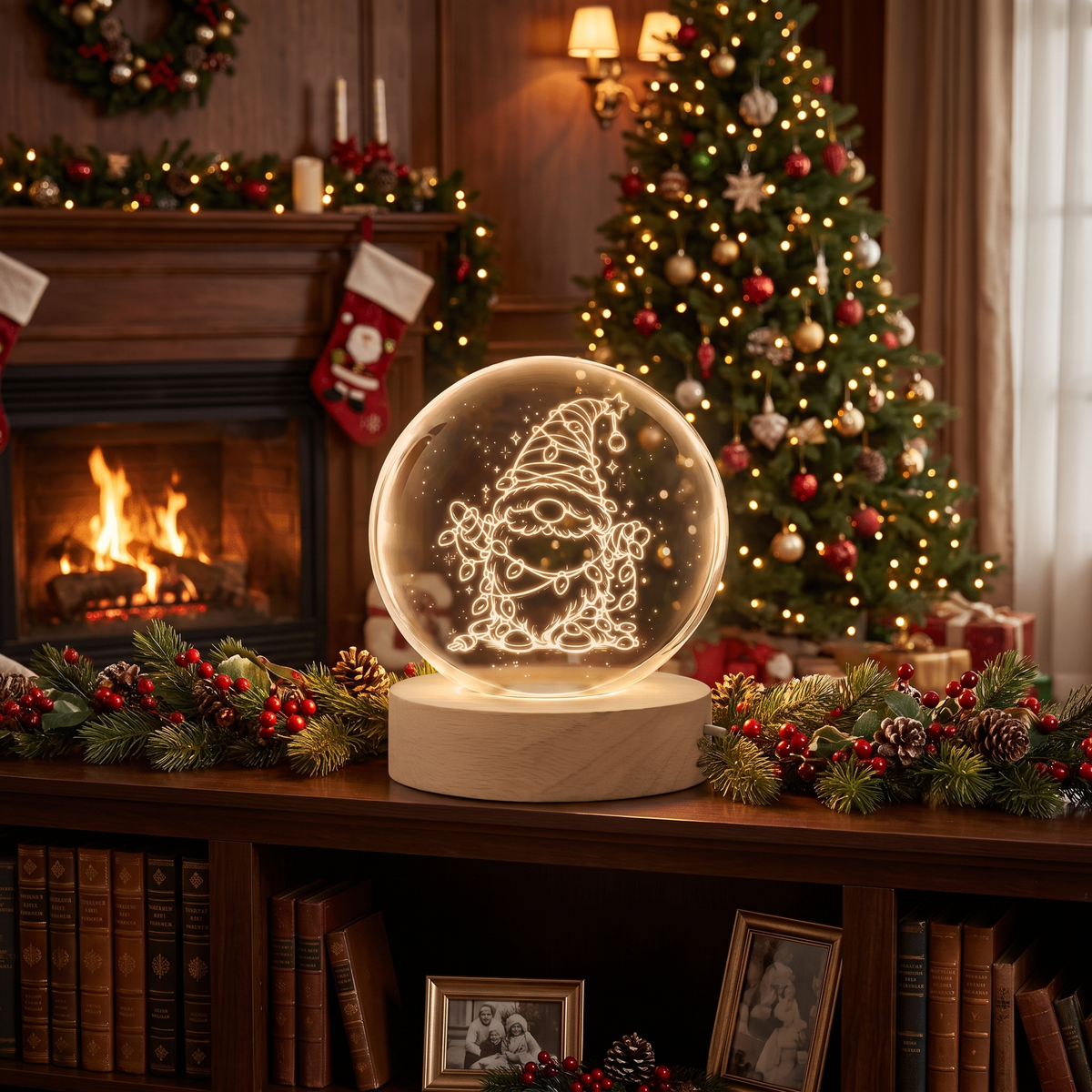 Custom Christmas Gnome Fairy Lights 3D Laser Engraved Crystal Ball with LED Wooden Standee, Personalized Name Holiday Night Light Keepsake