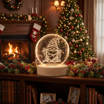 Custom Christmas Gnome Fairy Lights 3D Laser Engraved Crystal Ball with LED Wooden Standee, Personalized Name Holiday Night Light Keepsake