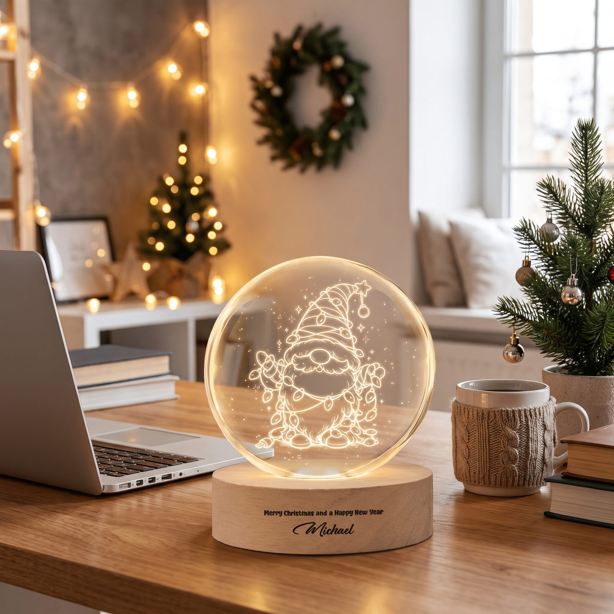 Custom Christmas Gnome Fairy Lights 3D Laser Engraved Crystal Ball with LED Wooden Standee, Personalized Name Holiday Night Light Keepsake