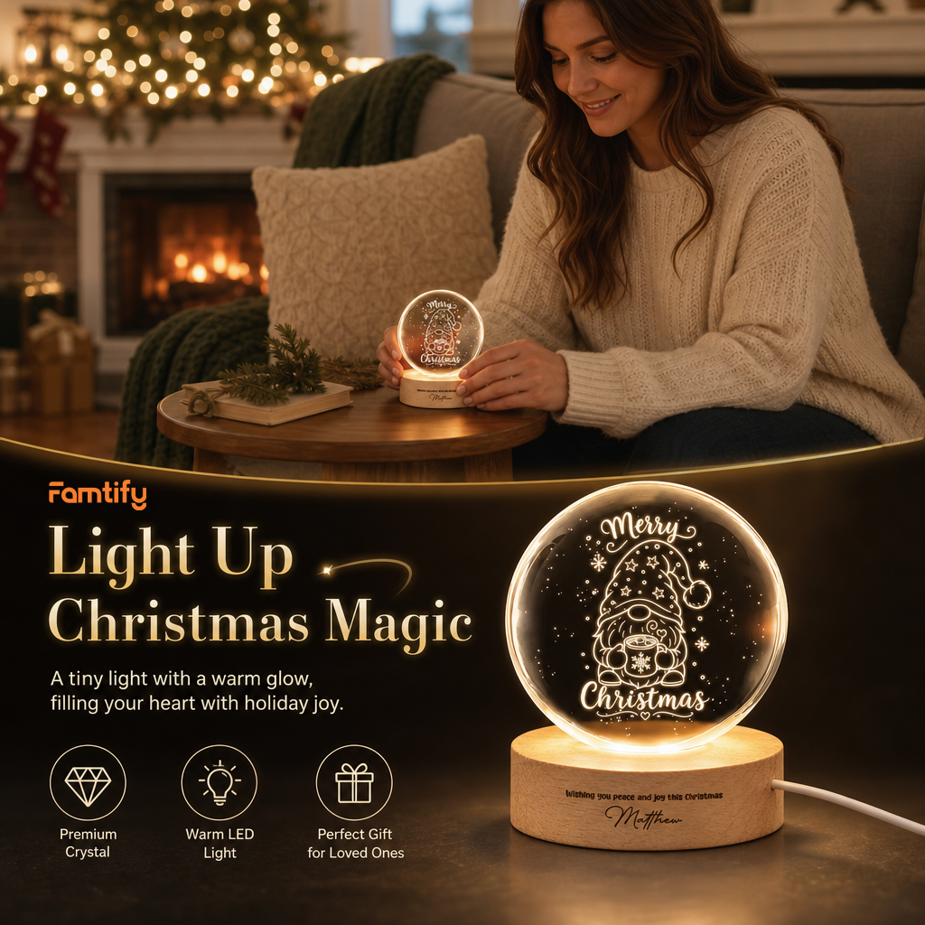 Custom Christmas Gnome Hot Cocoa 3D Laser Engraved Crystal Ball with LED Wooden Standee, Personalized Name Holiday Night Light Keepsake