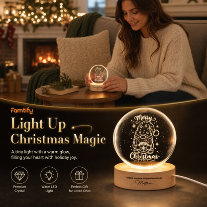 Custom Christmas Gnome Hot Cocoa 3D Laser Engraved Crystal Ball with LED Wooden Standee, Personalized Name Holiday Night Light Keepsake