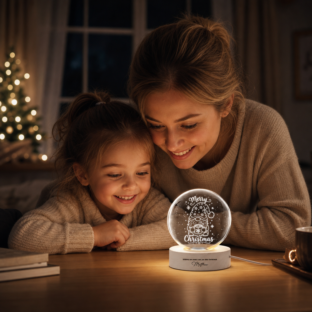Custom Christmas Gnome Hot Cocoa 3D Laser Engraved Crystal Ball with LED Wooden Standee, Personalized Name Holiday Night Light Keepsake