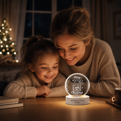 Custom Christmas Gnome Hot Cocoa 3D Laser Engraved Crystal Ball with LED Wooden Standee, Personalized Name Holiday Night Light Keepsake