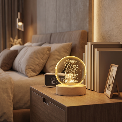 Custom Christmas Gnome Hot Cocoa 3D Laser Engraved Crystal Ball with LED Wooden Standee, Personalized Name Holiday Night Light Keepsake